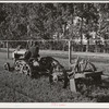 Salinas, CA. Interncontinental rubber producers. Demonstration of digger used in guayule nursery. In actual operations, the tops of the plants are cut off by the mower before they are dug. When transplanted, the guayule seedling weighs about 2 grams