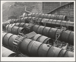 Penstock pipe which will be used to carry water from reservoir formed by Shasta Dam to hydroelectric turbines. Shasta County, California