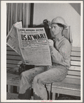 Workman at Shasta Dam reads war extra. Shasta County, California