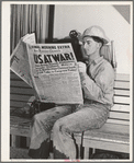 Workman at Shasta Dam reads war extra. Shasta County, California