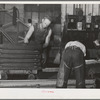 Bags of olive pulp which will be put under hydraulic pressure to extract the oil. Lindsay, California