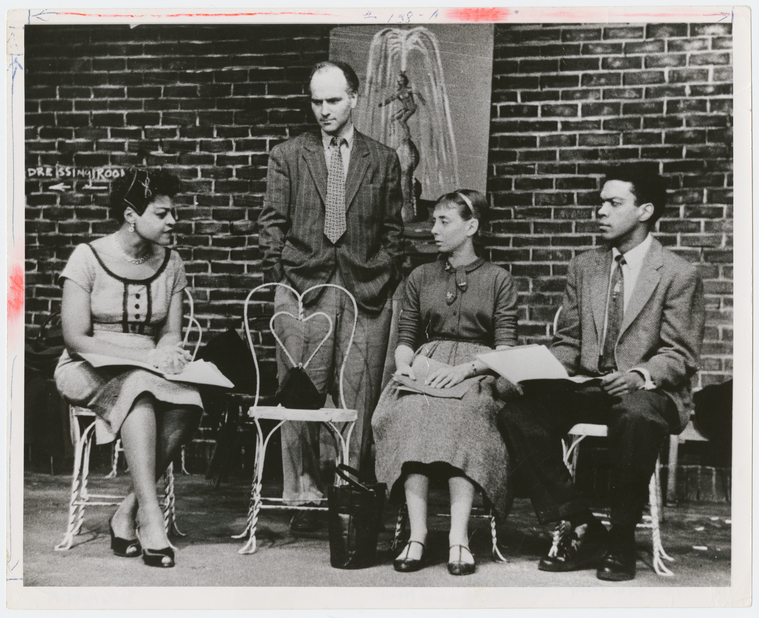 Hilda Hayes, James McMahon, Stephanie Elliot [?] and Charles Bettis in rehearsal for the stage production Trouble in Mind