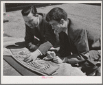 Vernon Demars, left, district landscape architecht for FSA (Farm Security Administration) and Garret Eckbo, district landscape architect for FSA work on site model of the Vallejo, California, defense housing dormitories