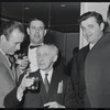 Joe E. Marks [center with chopsticks in pocket] and unidentified others at opening night of the stage production Flora, the Red Menace