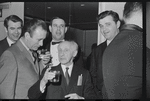 Joe E. Marks [center with chopsticks in pocket] and unidentified others at opening night of the stage production Flora, the Red Menace