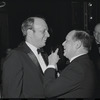 Harold Prince [left foreground], George Abbott [right background with glasses] and unidentified at opening night of the stage production Flora, the Red Menace