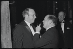 Harold Prince [left foreground], George Abbott [right background with glasses] and unidentified at opening night for the stage production Flora, the Red Menace