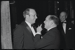 Harold Prince [left foreground], George Abbott [right background with glasses] and unidentified at opening night of the stage production Flora, the Red Menace