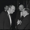 Harold Prince [left foreground], George Abbott [right background with glasses] and unidentified at opening night of the stage production Flora, the Red Menace