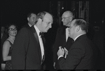 Harold Prince [left foreground], George Abbott [right background with glasses] and unidentified at opening night of the stage production Flora, the Red Menace