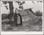 Daughter of agricultural day laborer coming out of tent where her uncle slept. Poteau Creek near Spiro, Oklahoma