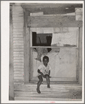 Son of Negro agricultural day laborer sitting in window of his home. Muskogee County, Oklahoma