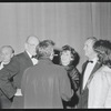 George Abbott [left], Adolph Green [back] and Betty Comden [center] at the opening night of stage production Fiorello!