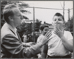 Actor Joseph Barr plays with children at the East River Park Amphitheatre during the run of The Taming of the Shrew