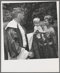 Unidentified actor with spectators before a New York Shakespeare Festival performance