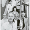 George Balanchine, Todd Bolender, and Jerome Robbins posing with four others outdoors for New York City Ballet's 1972 Stravinsky Festival 