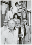 George Balanchine, Todd Bolender, and Jerome Robbins posing with four others outdoors for New York City Ballet's 1972 Stravinsky Festival 