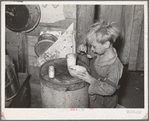 Child in Mays Avenue camp, Oklahoma City, Oklahoma, eating an overripe canteloupe found in market