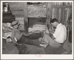 Resident of Mays Avenue camp, Oklahoma City, Oklahoma, taking piece of glass out of boy's foot