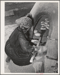 Spanish-American woman removing baked bread from outdoor earthen oven by means of a long wooden paddle. Near Taos, New Mexico