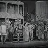 Jerry Lester [left], Adair McGowen [center] and unidentified others in the 1964 national touring stage production A Funny Thing Happened on the Way to the Forum