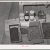Ingredients used for dying of wool used at WPA (Works Progress Administration/Work Projects Administration) weaving project. Costilla, New Mexico. They are indigo, nitric acid, powdered alum, bark, burdock root, cochineal and walnut husks