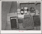Ingredients used for dying of wool used at WPA (Works Progress Administration/Work Projects Administration) weaving project. Costilla, New Mexico. They are indigo, nitric acid, powdered alum, bark, burdock root, cochineal and walnut husks