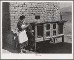 Spanish-American FSA (Farm Security Administration) client feeding her rabbits near Taos, New Mexico