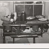 Pies, canned goods and household articles on stove in farm home. Bradford, Vermont, Orange County
