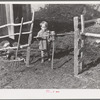 Son of FSA (Farm Security Administration) client going through gate made of old wagon wheel. Farm near Bradford, Vermont, Orange County