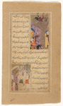 Two mounted warriors attack a citadel inhabited by dog-faced humans (sagsârs) [top];  On the Jazîrat Jâmi', there is a mountain from which flames shoot at night and smoke is emitted during the day [bottom]