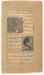 A green saw-nosed fish surrounded by four smaller fish [top]; A black sea serpent with blue spots and a horn on its tail