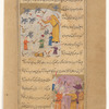 Yaqûb ibn Ishaq tells of a Turk who visited Jazîrat Bahânâs and aided the very small inhabitants of that island in their battle against their enemy   [top]; Four dog-faced men of the Island of the Dogs (Jazîrat Sagsâr) menace three men [bottom]
