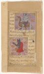 A blue-gray dîv riding a brown ostrich (name not readable). Anyone he looks at dies instantly [top]; A seated dîv with a red coat draped over one shoulder, whose descendants are the Nasnâs, people of Ethiopia [bottom]