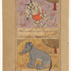 A yellow-spotted dîv with four legs and a second head growing from its back [top]; A gray dîv with a camel's head and an elephant's body