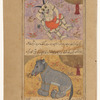 A yellow-spotted dîv with four legs and a second head growing from its back [top]; A gray dîv with a camel's head and an elephant's body