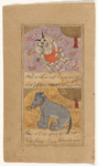 A yellow-spotted dîv with four legs and a second head growing from its back [top]; A gray dîv with a camel's head and an elephant's body