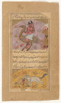 A pink dîv riding an ostrich, observed by an astonished man [top]; A wolf catches a sheep [bottom ]