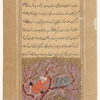 A youth in a tree defending himself with a knife against a lion that menaces him from below. A bear resting nearby branch