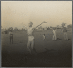 Ted Shawn dancing outdoors with arms raised as Delissaville residents watch