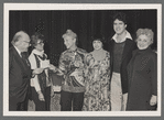 Betty Corwin, director of the Theatre on Film and Tape archive, and Kate Mostel with unidentified others presenting donation to TOFT in memory of her husband, Zero Mostel