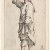 Man Standing, with Arm Raised, Pointing toward the Left