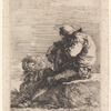 Two Soldiers, One Seated on a Ledge, Holding a Cane