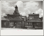 Houses with mine hoists in backyard, Butte, Montana