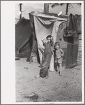 Two children of a migrant fruit worker from Tennessee, standing before their temporary home. This family of eight is camped in a field near the packinghouse at Winter Haven, Florida