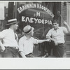 Steelworkers talking to the proprietor of a coffee shop whose name dedicates it to "liberty," Aliquippa, Pennsylvania