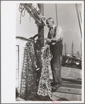 Oysterman with dredge for gathering oysters, Bivalve, New Jersey