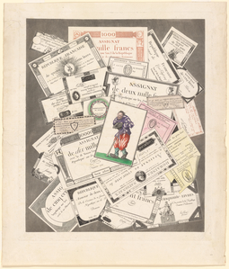 Trompe l'oeil of assignats with beggar after Callot