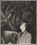 José Limón in front of the mural "Katharsis" by José Clemente Orozco at the Palacio de Bellas Artes