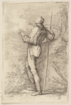 Soldier, Standing, Holding a Long Cane before a Rocky Wall